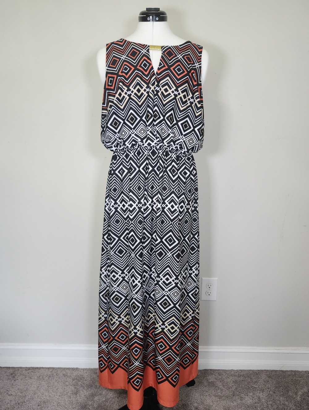 Soho Apparal ORG BLK Tan WHT Chevron Geo Print Blouson Sleeveless Maxi Dress S L